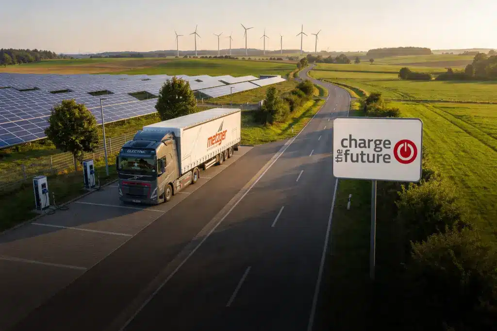 Elektro-Lkw lädt bei Solarpark und Windrädern