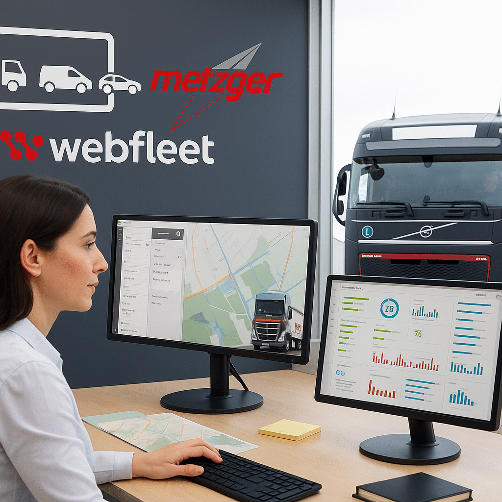 Frau überwacht Lkw-Flottenmanagement am Computer