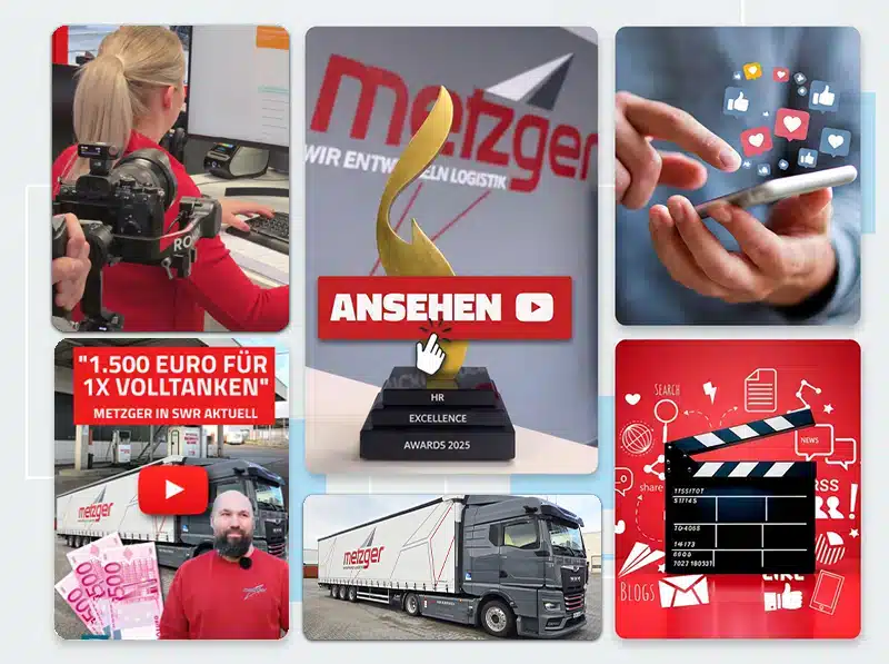 Marketing-Collage mit Metzger-Logo, LKW und Social Media